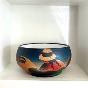 small painted South American women folk art pottery bowl